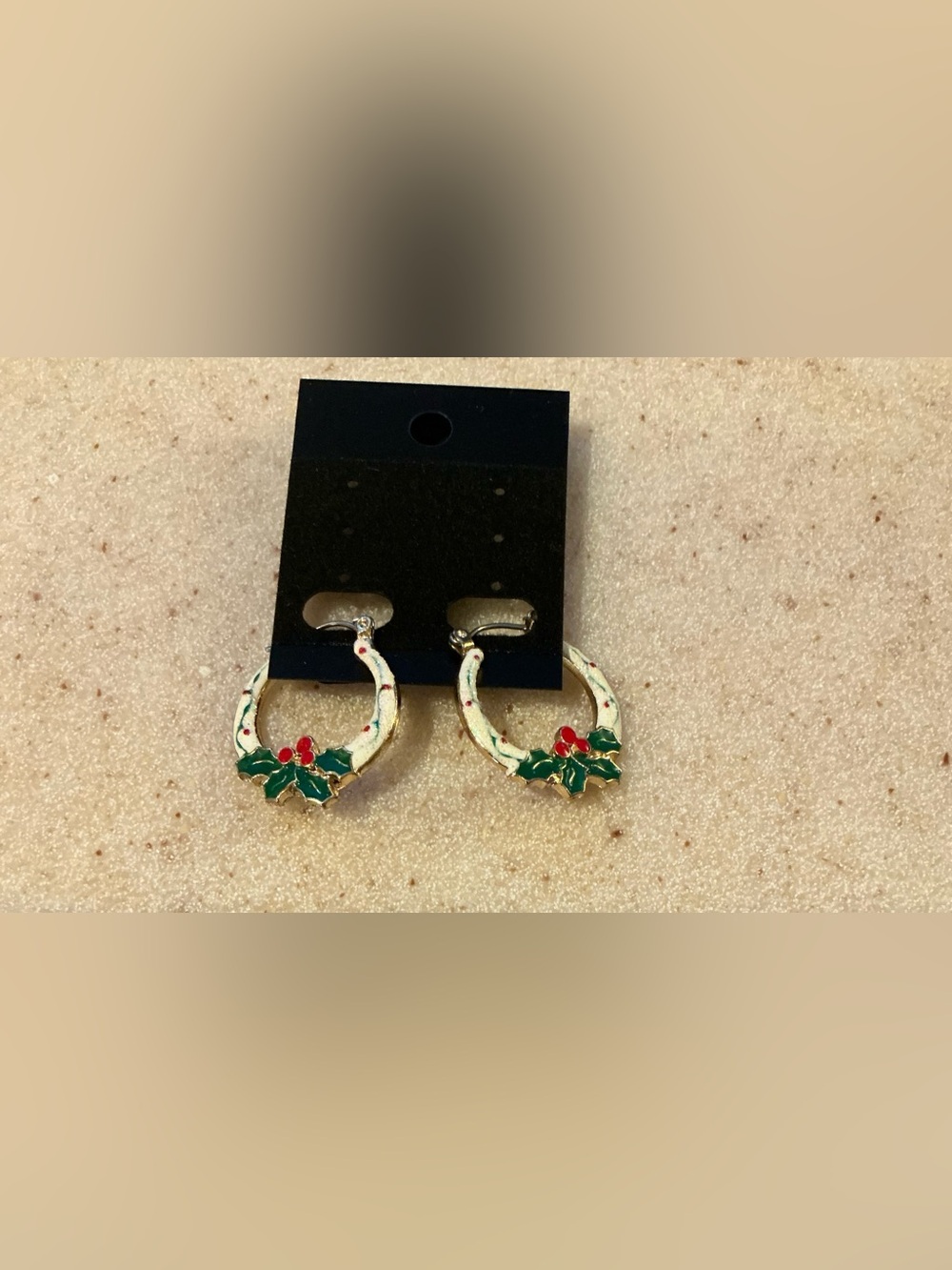 Festive Holly Wreath Hoop Earrings - Gold Tone Green & Red